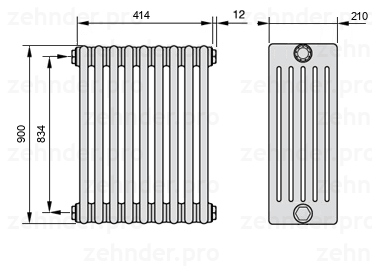 Схема (чертеж) Радиатор Zehnder Charleston 6090/9 №1270 Белый глянцевый RAL 9016